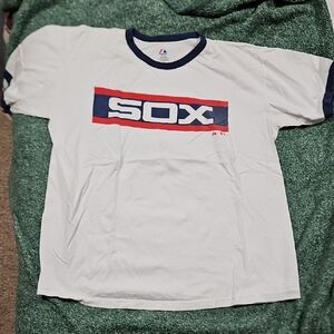 Majestic White Tee with Blue and Red Sox Design